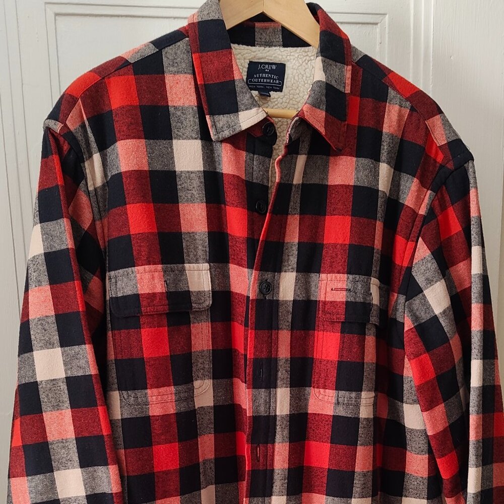 J Crew Jacket Mens XL Shacket Overshirt Fleece Lined Red Checkered Spread Collar